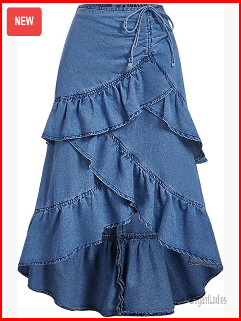 Denim Maxi Skirt Asymmetrical Ruched Tiered Ruffle High Waisted Boho Western
